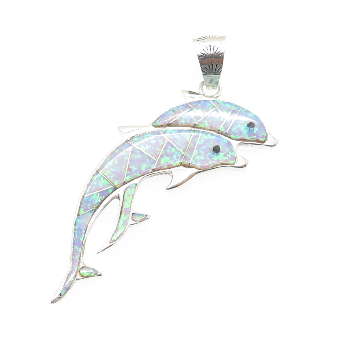 CALVIN PETERSON NAVAJO Old Pawn 925 Sterling Vintage Opal & Onyx Dolphin Pendant