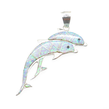 CALVIN PETERSON NAVAJO Old Pawn 925 Sterling Vintage Opal & Onyx Dolphin Pendant