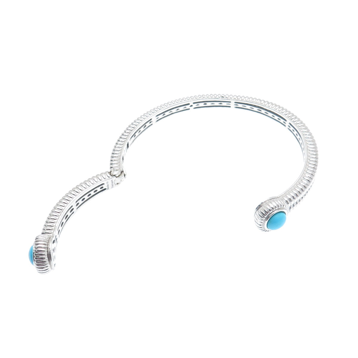 925 Sterling Silver Real Sleeping Beauty Turquoise Gem Ribbed Cuff Bracelet 7.5"