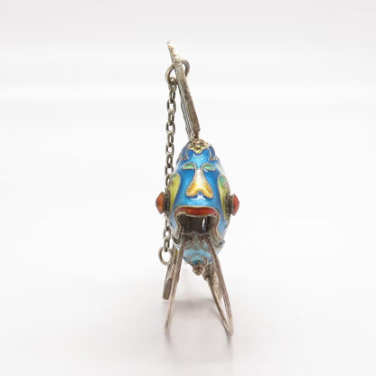 925 Sterling Silver Antique Enamel Chinese Koi Fish Chatelaine Articulated Fob