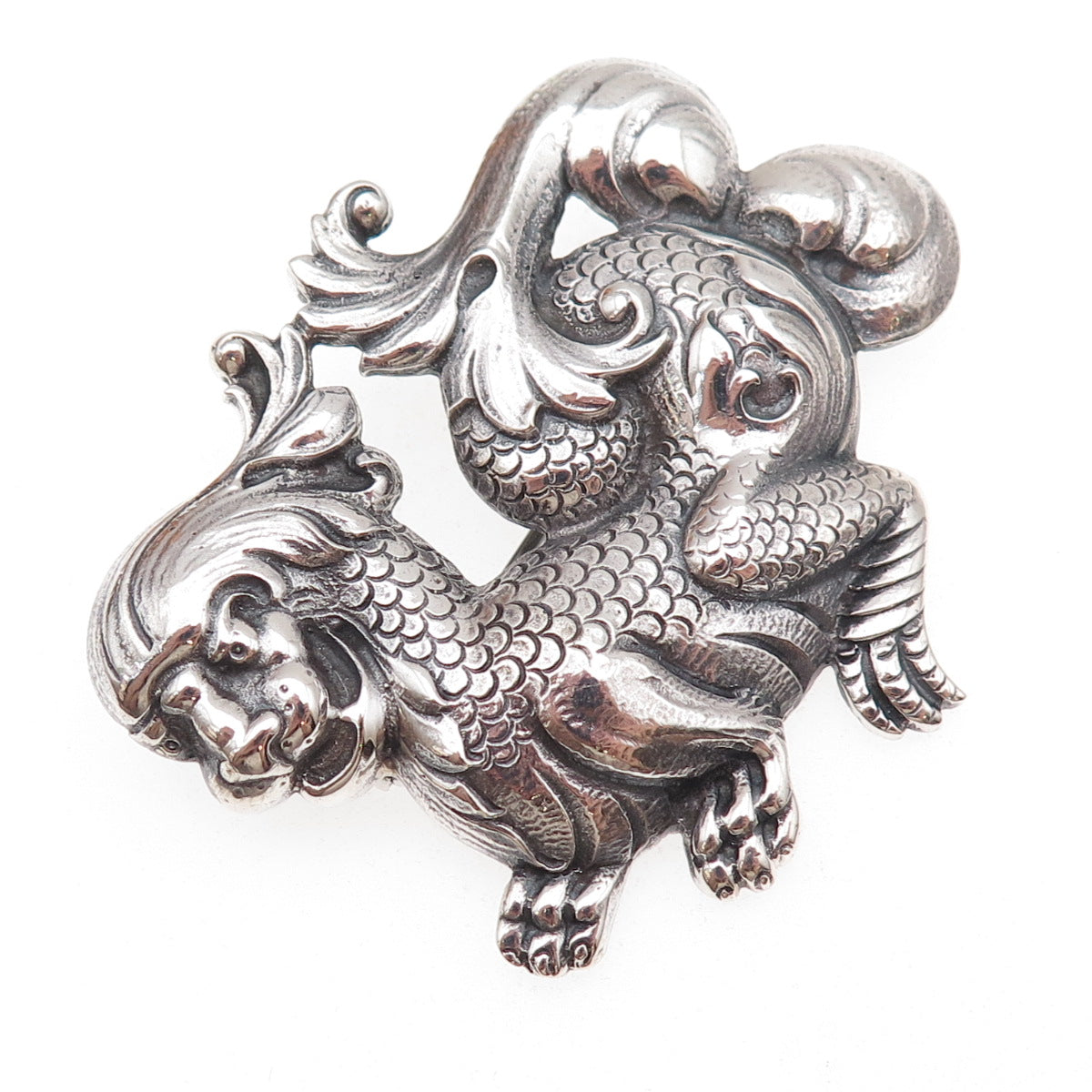 Cini 925 Sterling Silver Antique Art Deco Dragon Repousse Oxidized Pin Brooch