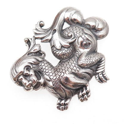 Cini 925 Sterling Silver Antique Art Deco Dragon Repousse Oxidized Pin Brooch