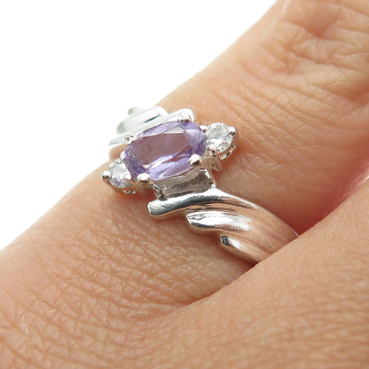 925 Sterling Silver Vintage Real Amethyst Gemstone & C Z Ring Size 5.25