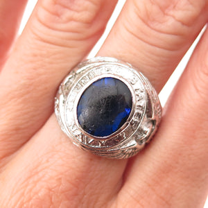 925 Sterling Silver Antique WWII Blue Glass US Navy Ring Size 8.75