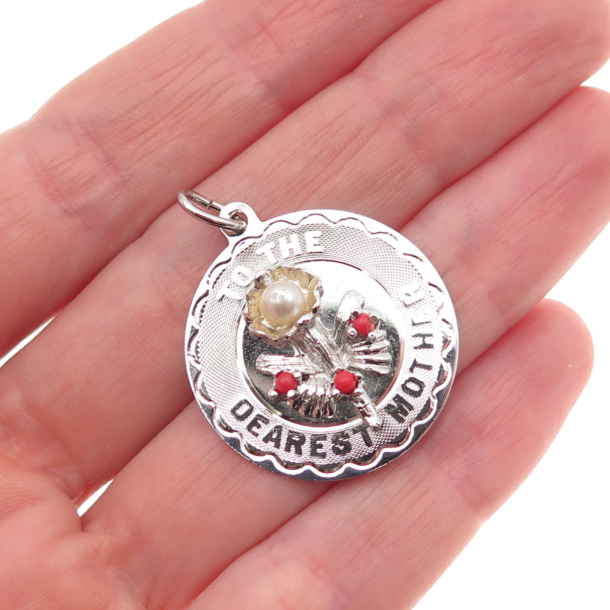 Elco Sterling Silver Vintage Rhinestone Faux Pearl To The Dearest Mother Pendant