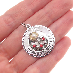 Elco Sterling Silver Vintage Rhinestone Faux Pearl To The Dearest Mother Pendant