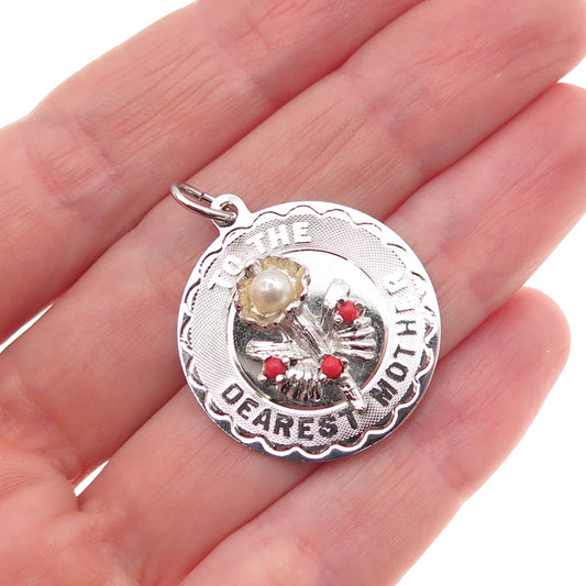 Elco Sterling Silver Vintage Rhinestone Faux Pearl To The Dearest Mother Pendant