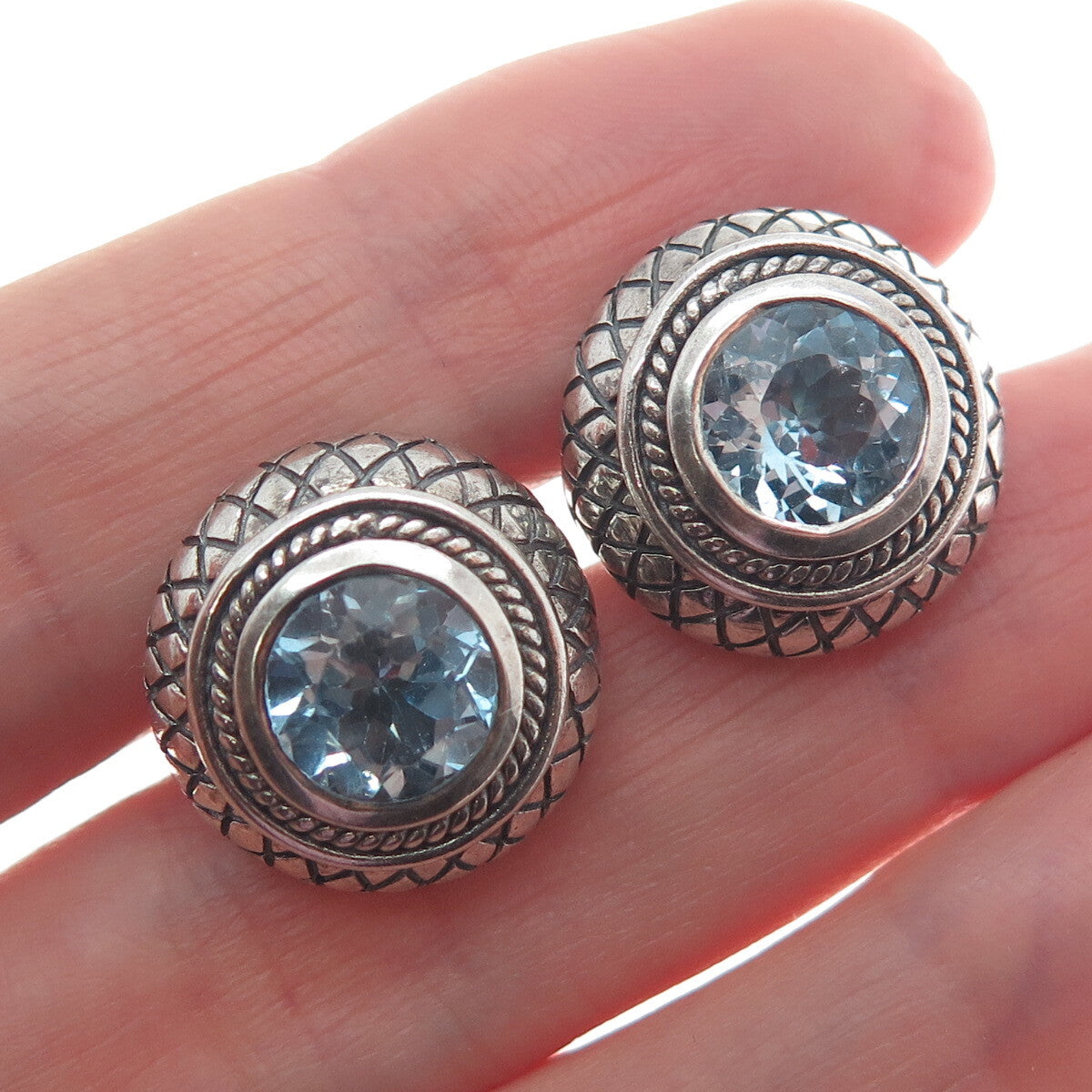 925 Sterling Silver Vintage Blue Topaz Gem Modernist Woven Pattern Dome Earrings