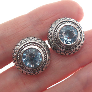 925 Sterling Silver Vintage Blue Topaz Gem Modernist Woven Pattern Dome Earrings