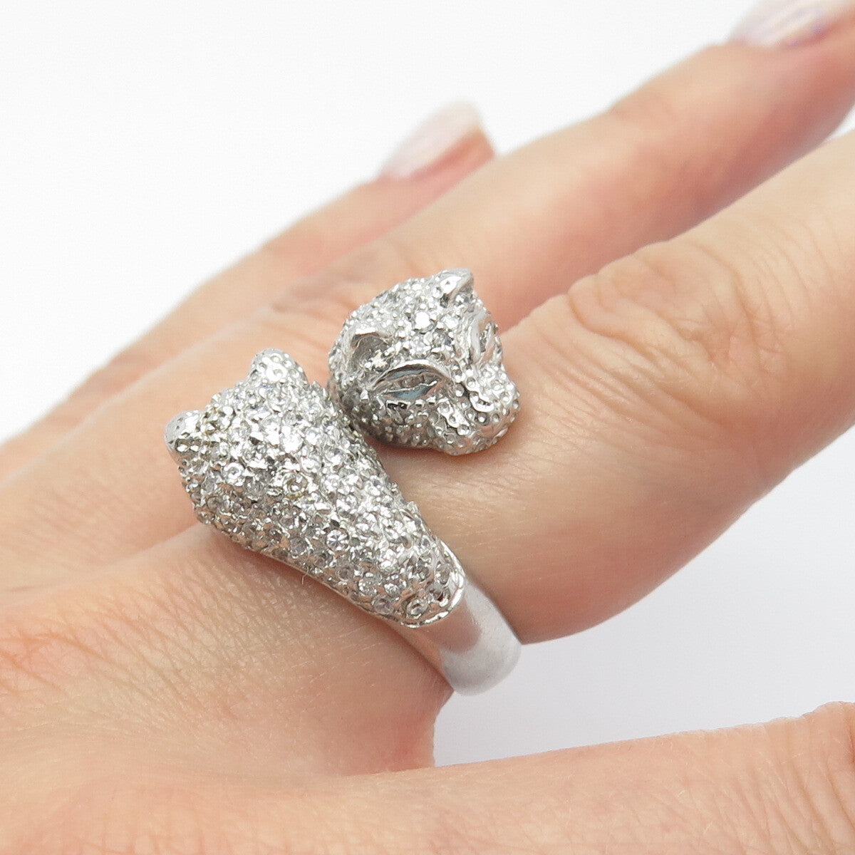 925 Sterling Silver C Z Double Panther Head Adjustable Ring Size 6