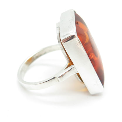 925 Sterling Silver Vintage Real Baltic Amber Modernist Ring Size 6.5