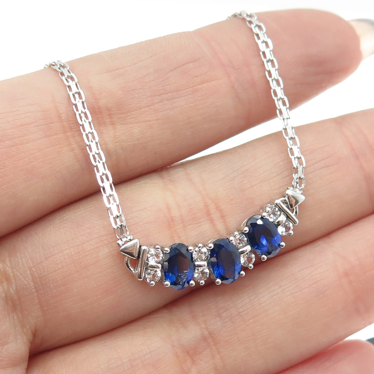 925 Sterling Silver Lab-Created Multi-Sapphire Flat Bismark Chain Necklace 16"