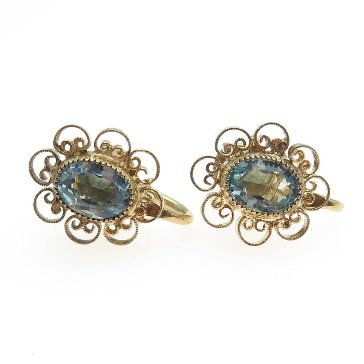 1/20 12K Gold Filled Antique Blue Oval-Cut Shaped C Z Ornate Screw Back Earrings