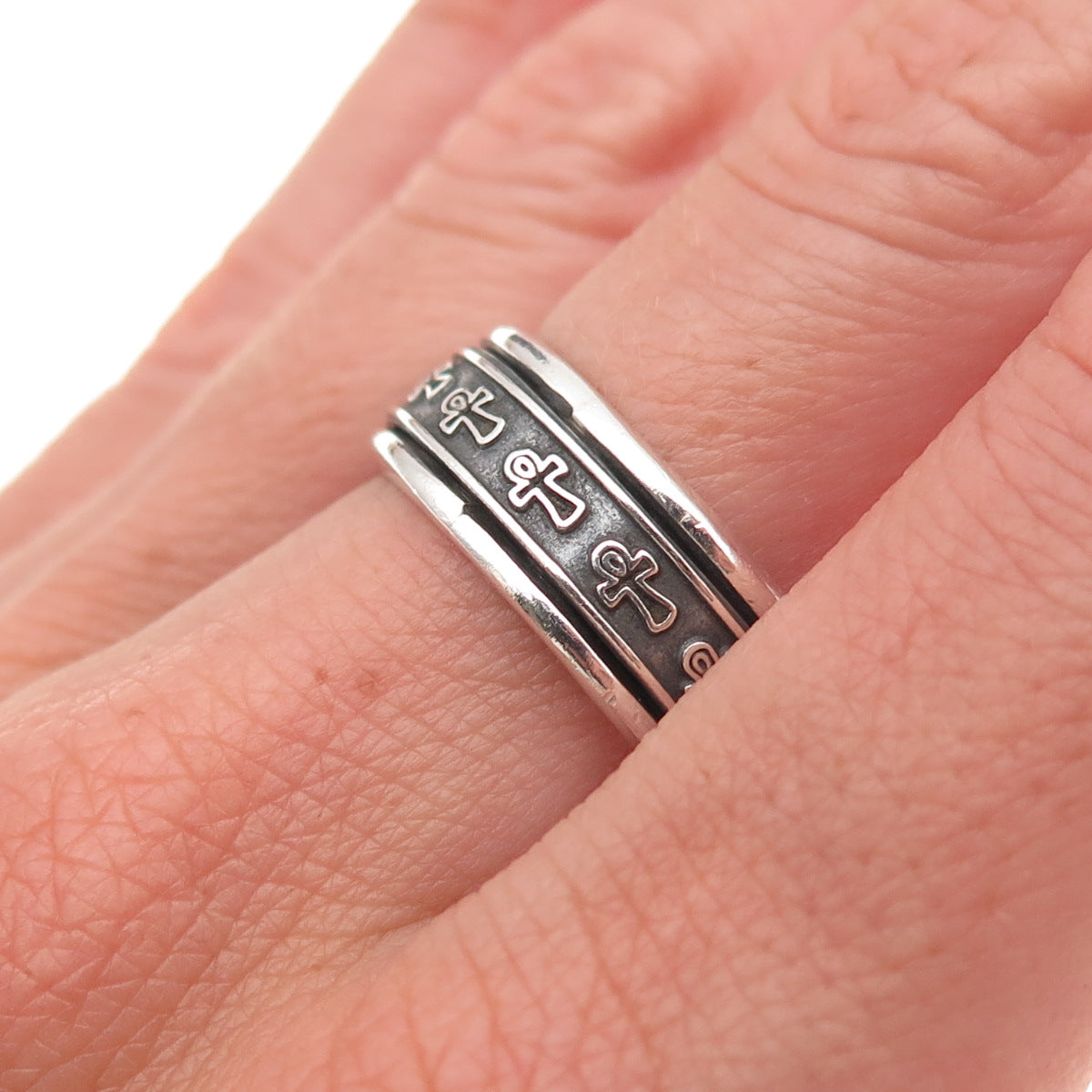 925 Sterling Silver Vintage Egyptian Ankh Rotating Oxidized Band Ring Size 10
