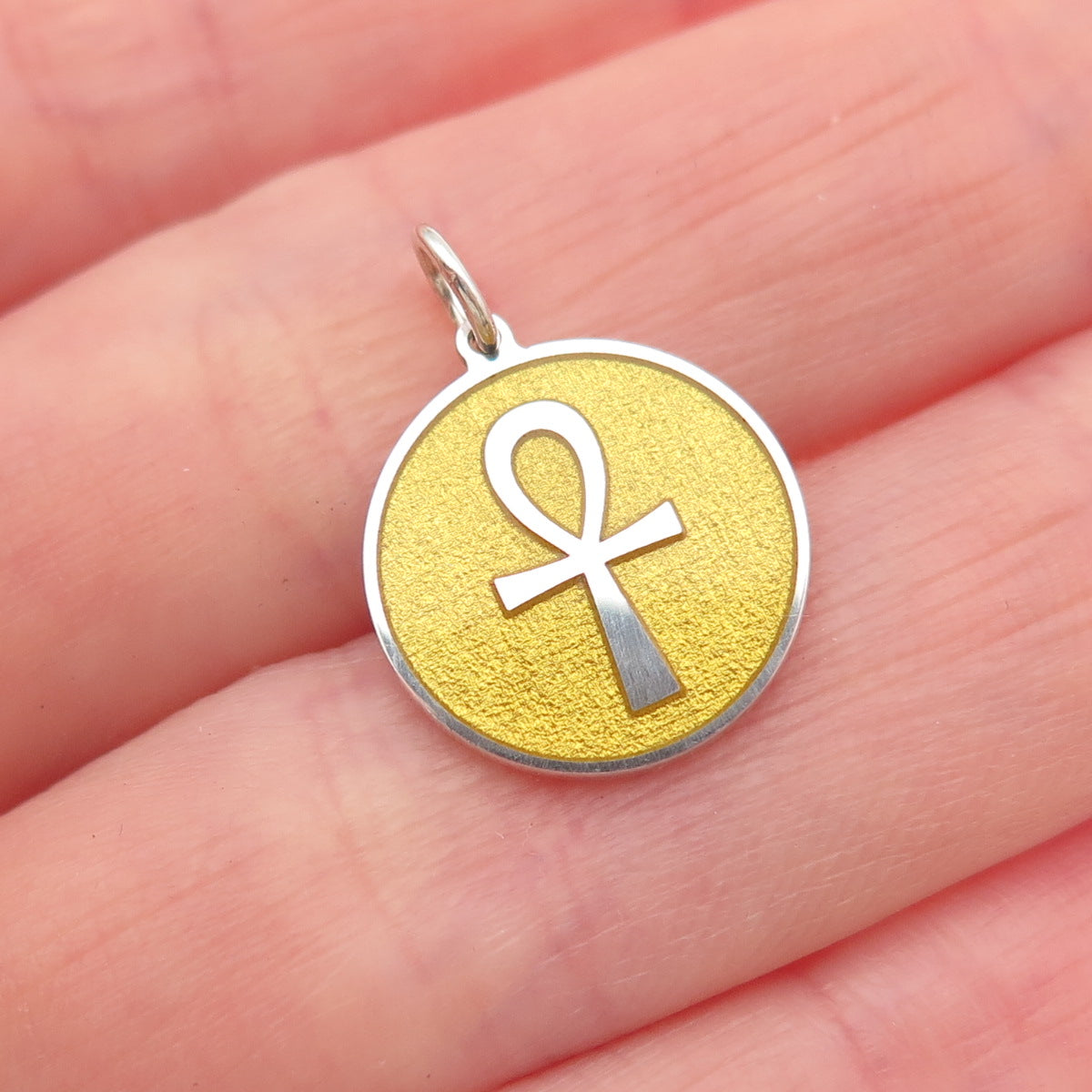 925 Sterling Silver Yellow Enamel Egyptian Ankh Mini Charm Pendant