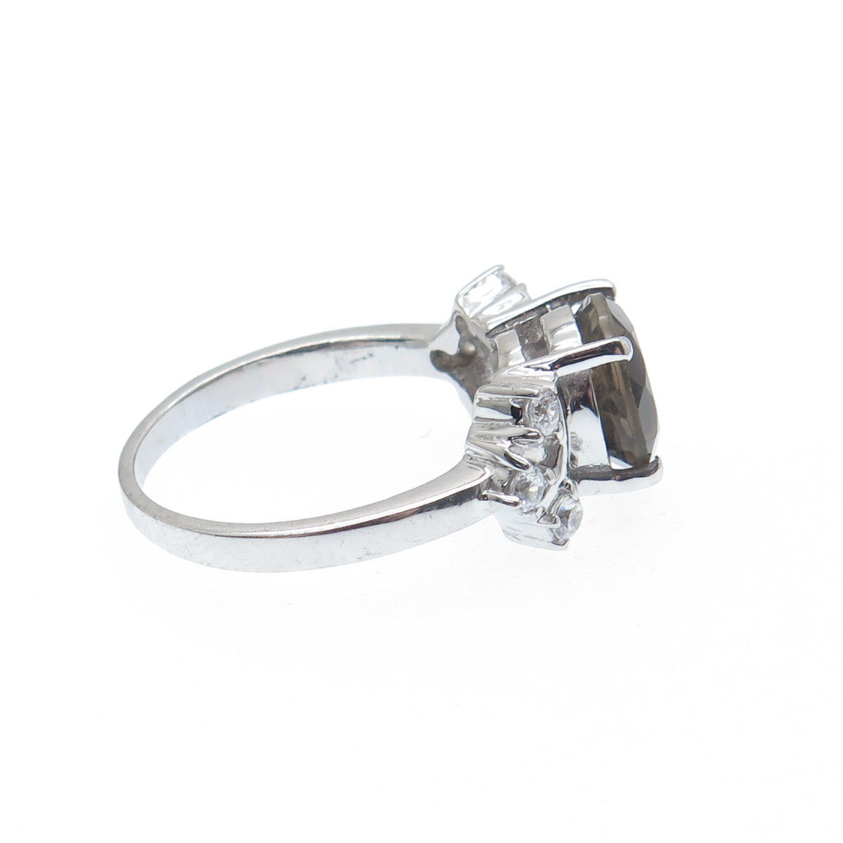 925 Sterling Silver Real Round-Cut Smoky Quartz & C Z Ring Size 8
