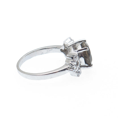 925 Sterling Silver Real Round-Cut Smoky Quartz & C Z Ring Size 8