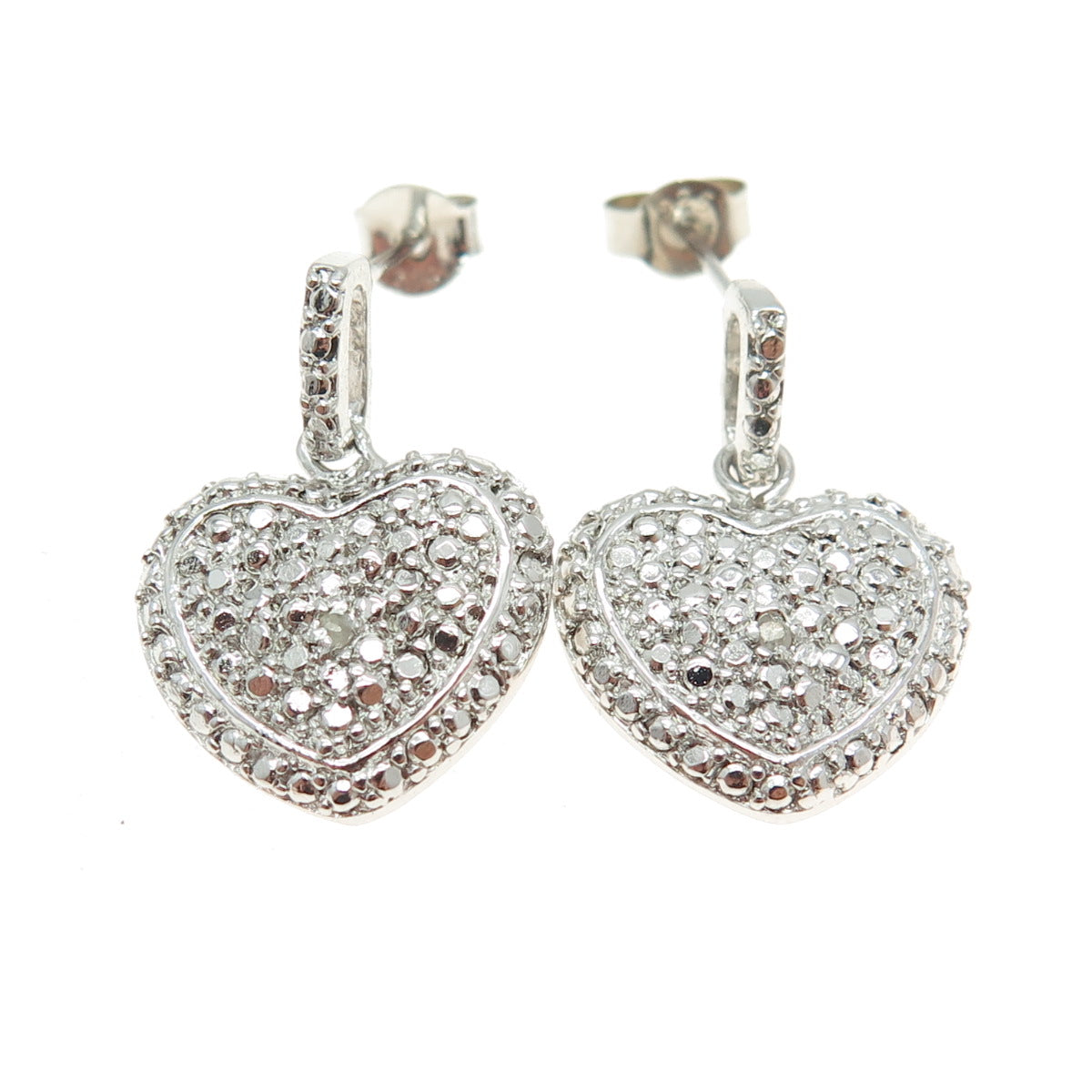 925 Sterling Silver Real Round-Cut Diamond Dangle Heart Earrings