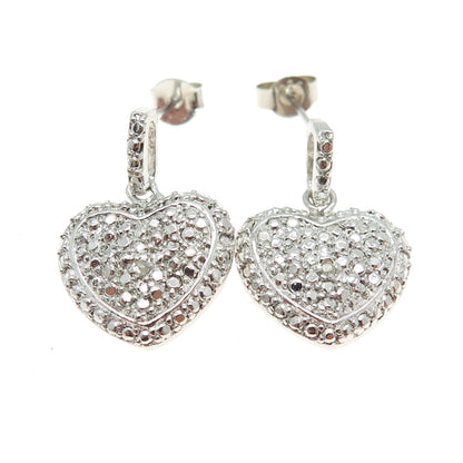 925 Sterling Silver Real Round-Cut Diamond Dangle Heart Earrings