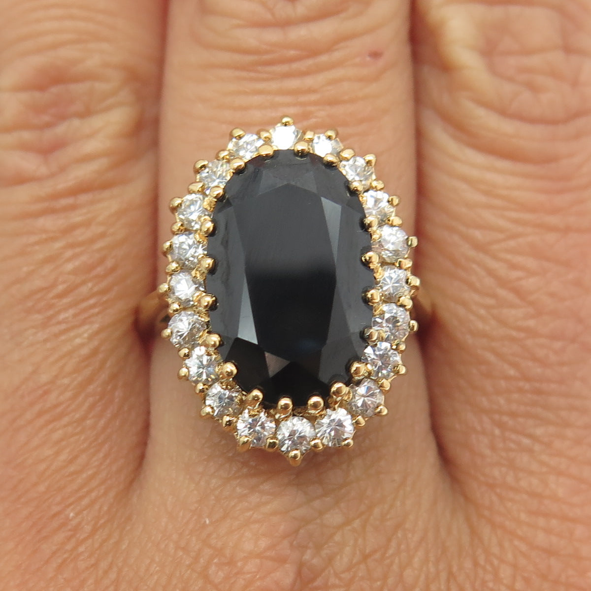 925 Sterling Silver Gold Plated Real Black Spinel & C Z Ring Size 9