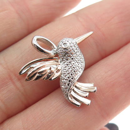 SAI 925 Sterling Silver Rose Gold Plated Real Round Diamond Hummingbird Pendant