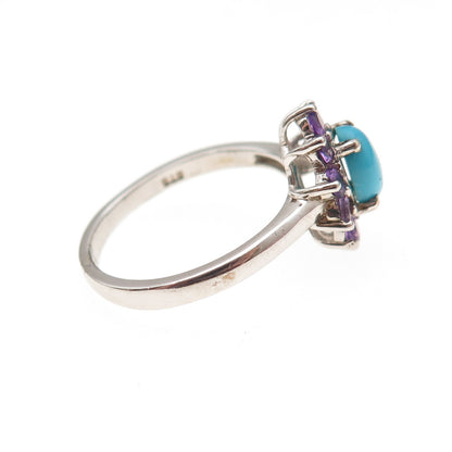 Chuck Clemency 925 Sterling Silver Real Turquoise & Amethyst Floral Ring Size 7