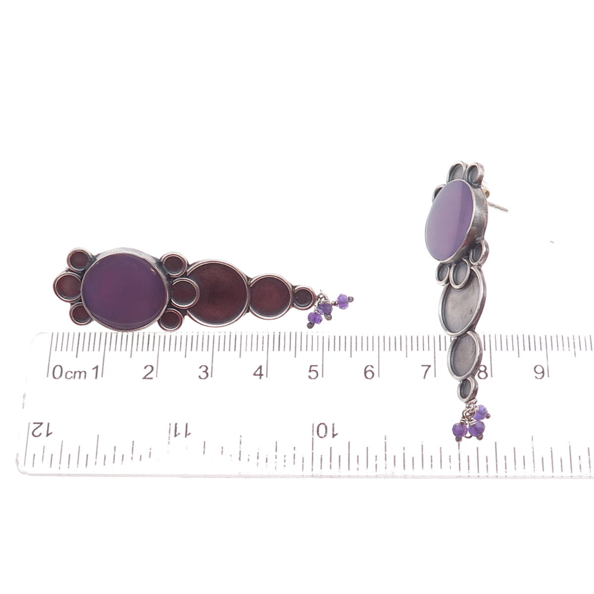 925 Sterling Silver Vintage Real Amethyst Modernist Oxidized Earrings