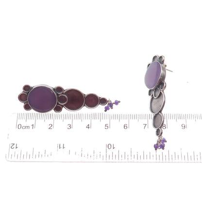 925 Sterling Silver Vintage Real Amethyst Modernist Oxidized Earrings