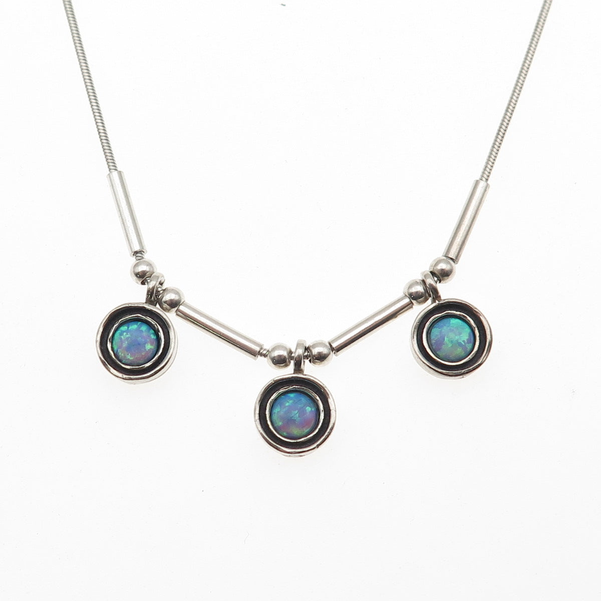 925 Sterling Silver Vintage Real Opal Modernist Snake Chain Necklace 18"