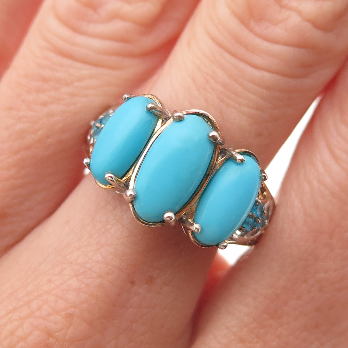 D'Joy 925 Sterling 2-Tone Real Sleeping Beauty Turquoise & Apatite Ring Size 8
