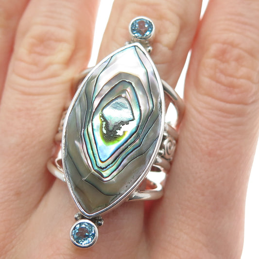 SAJEN Sterling Silver Vintage Real Abalone Shell Topaz Adjustable Ring Size 10.5