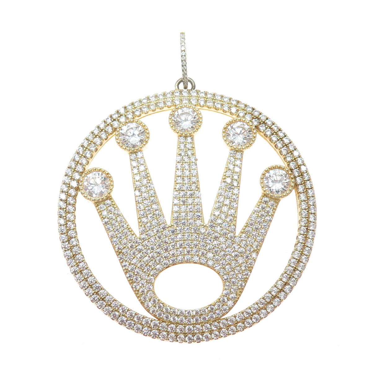 925 Sterling Silver Gold Plated Round-Cut C Z Sparkle Crown Large Pendant