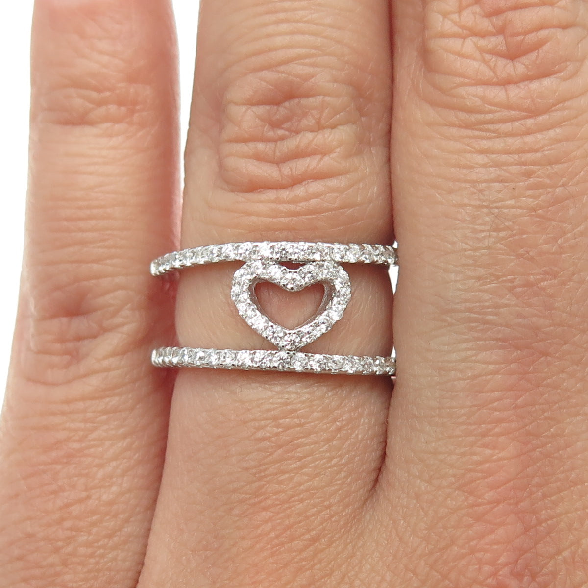 925 Sterling Silver Pave C Z Open Heart Ring Size 6