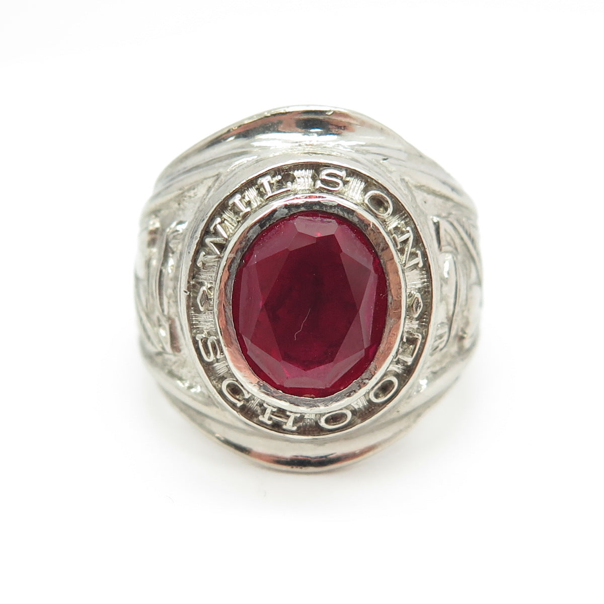 925 Sterling Silver Vintage 1968 Lab-Created Ruby Wilson School Ring Size 6.75