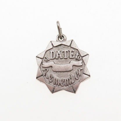 925 Sterling Silver Vintage A Date To Remember Oxidized Charm Pendant
