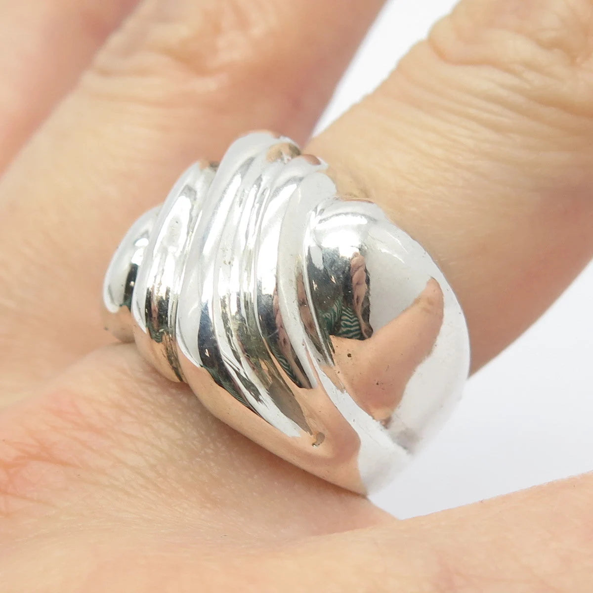 925 Sterling Silver Vintage Ribbed Wide Ring Size 7.25