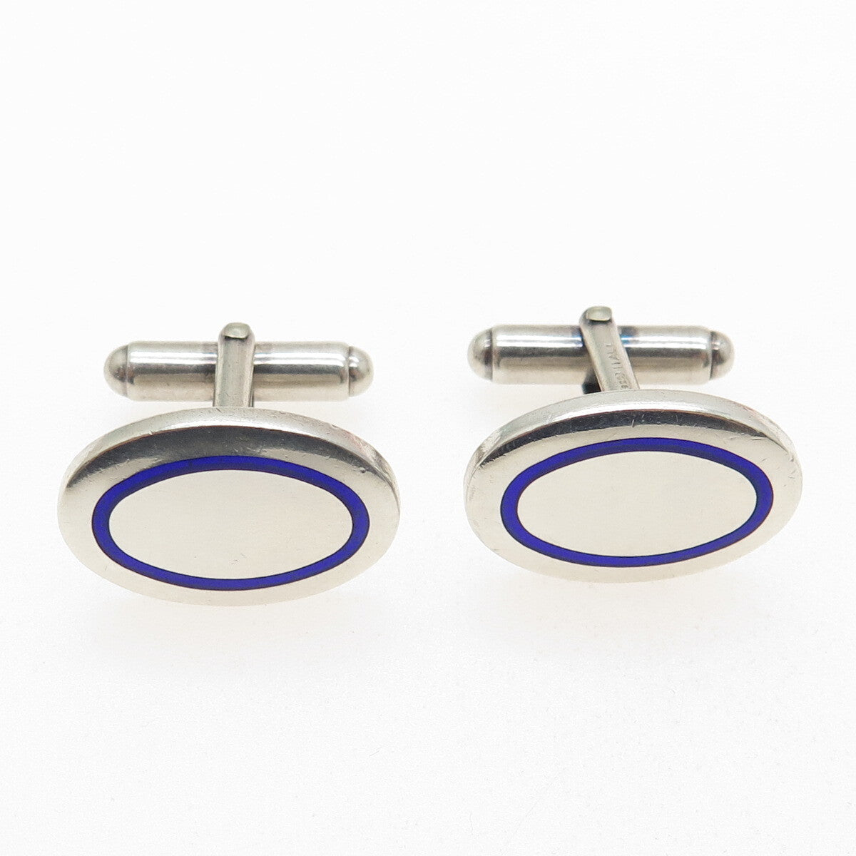 925 Sterling Silver Vintage Italy Blue Enamel Oval Cufflinks