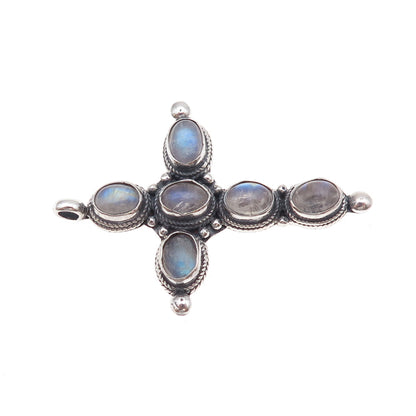 925 Sterling Silver Vintage Real Moonstone Cross Oxidized Pendant