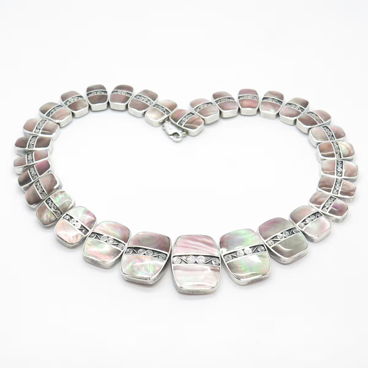 Sterling Silver Vintage ACLEONI Real Mother-of-Pearl Swirl Slide Necklace 16"