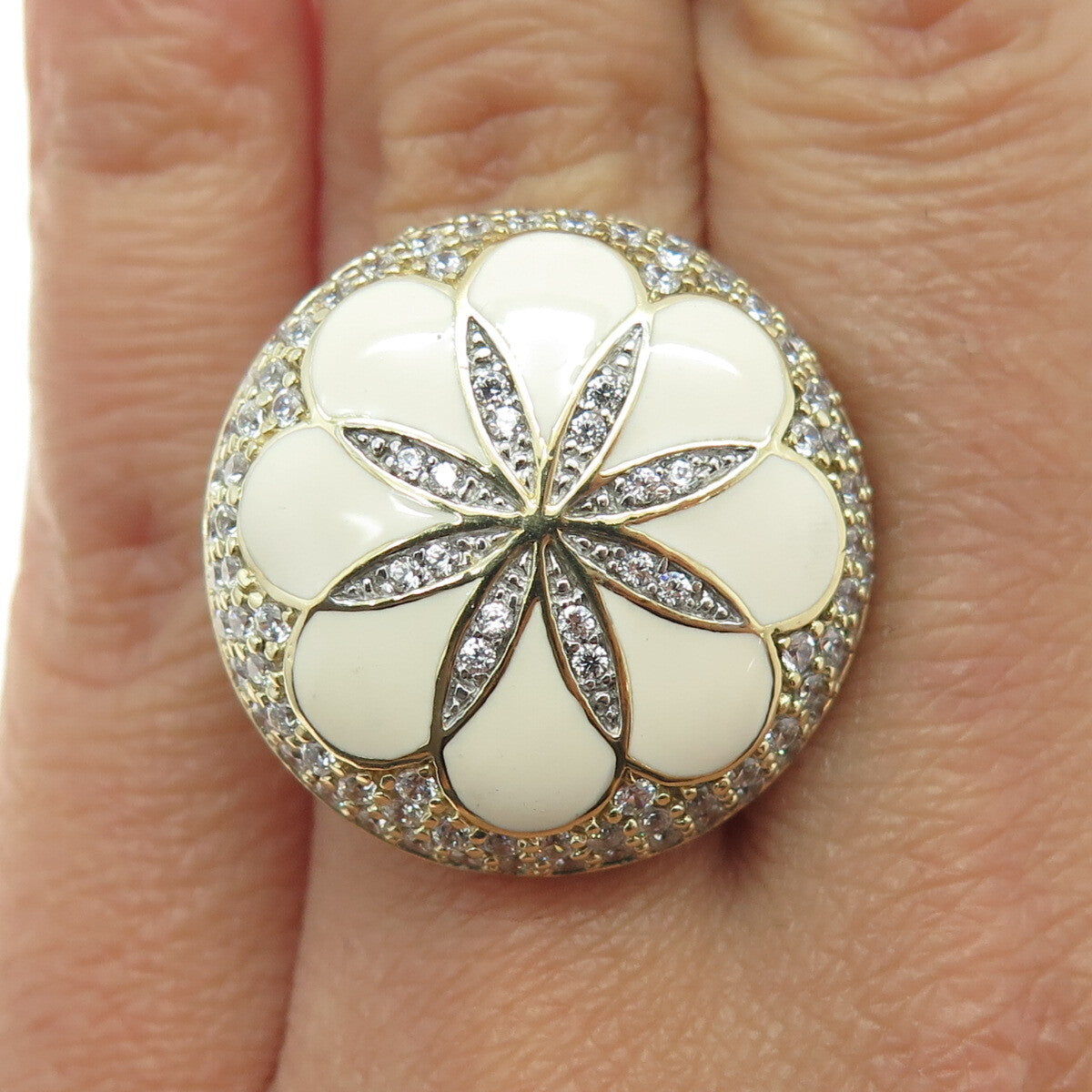 925 Sterling Silver Gold Plated White Enamel & C Z Floral Wide Ring Size 5.25