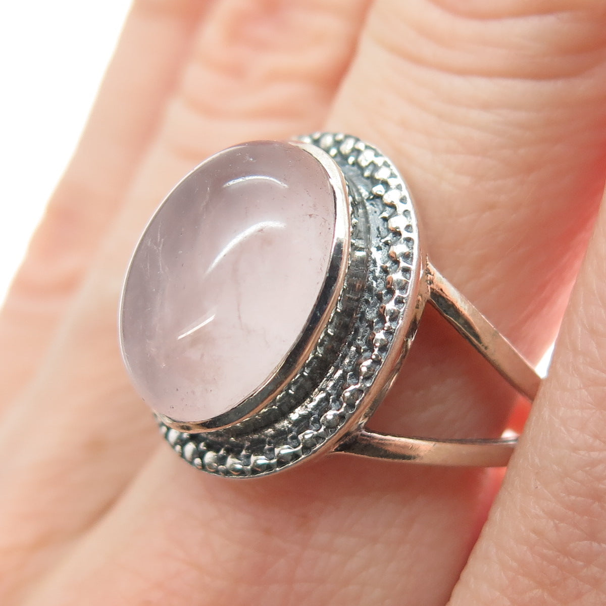 925 Sterling Silver Vintage Real Cabochon Rose Quartz Granulated Ring Size 7.25