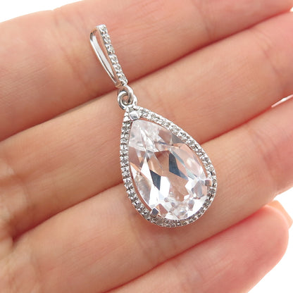 925 Sterling Silver Real Round-Cut Diamond & Pear-Cut White Topaz Charm Pendant