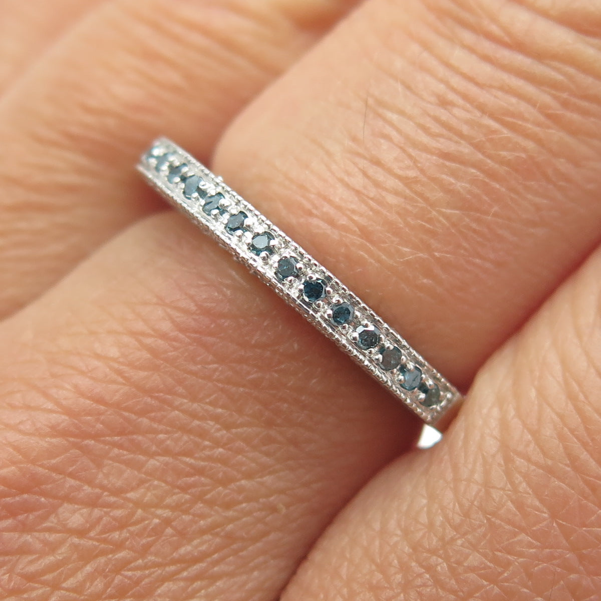 925 Sterling Silver Real Round Fancy Blue Diamond Crescent Stackable Ring Size 7