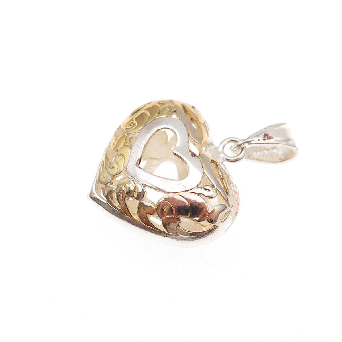 925 Sterling Silver 2-Tone Vintage Floral Scroll Heart Charm Pendant