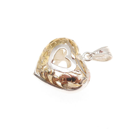 925 Sterling Silver 2-Tone Vintage Floral Scroll Heart Charm Pendant