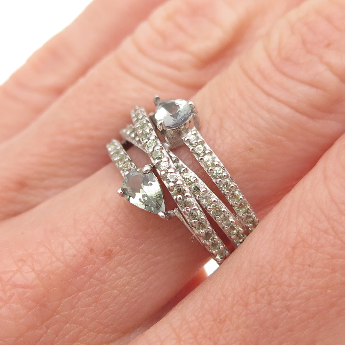 Chuck Clemency 925 Sterling Silver Real Green Amethyst Multi-Row Ring Size 6