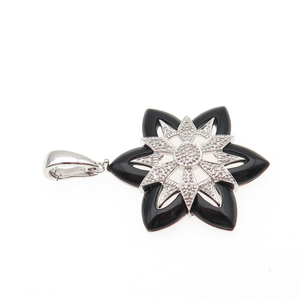 925 Sterling Silver Real Diamond & Black Onyx Floral Charm Pendant