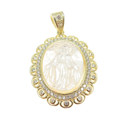 925 Sterling Silver Gold Plated Mother-of-Pearl & C Z Religious Theme Pendant