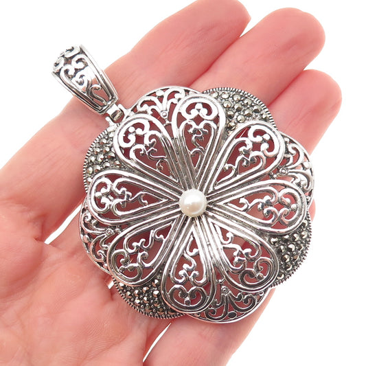 925 Sterling Silver Vintage Real Pearl & Marcasite Floral Oxidized Pendant