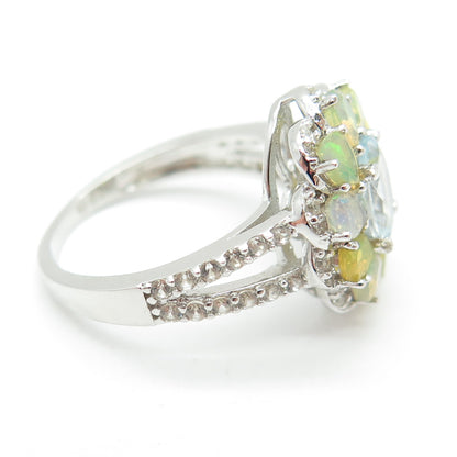 925 Sterling Silver Real Aquamarine Opal & White Topaz Flower Ring Size 7.75